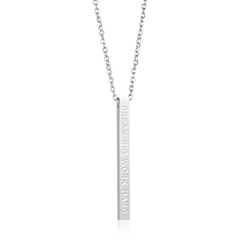 JoycuFF Inspirational Necklace for Women Silver Stainless Steel Vertical Bar Necklaces Positive Pendant Jewelry Personalized Gifts for Her Engraved Dream Big Work Hard