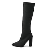 NEWBELLA Womens Knee High Boots Mousse with Stretch Knitted Socks Non-Slip Block Heel Fit Most of Womens Black