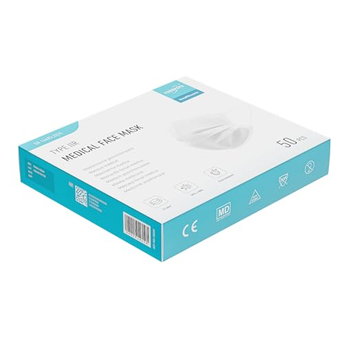 EUROPAPA® Weiss Medizinisch Type IIR Norm EN14683 TÜV CE zertifizierte Mundschutzmasken OP Masken 3-lagig Mundschutz Gesichtsmaske Einwegmaske BFE ≥ 98%, 1 Box (50 Stück)