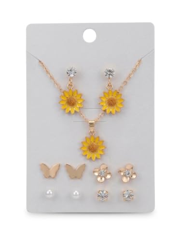 Image of Sunflower Pendant Necklace and Earrings Jewellery Set, Gold