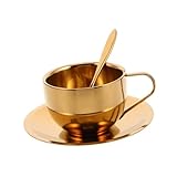 MAGICLULU Tazas de Café de Acero Inoxidable de Taza Aislante de Doble Pared con Cuchara y Platillo Apilable para Camping y Té Resistente y Elegante
