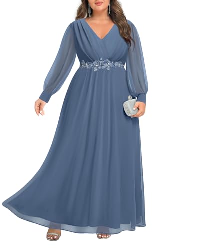 Image of Pinup Fashion Women Plus Size Formal Dresses - Long Sleeve Evening Gown Applique Chiffon Maxi Dress