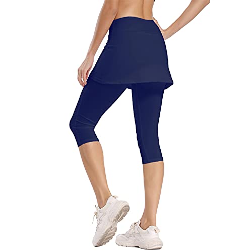 Ibeauti Leggings capri para mujer, con falda UPF 50+, para yoga, pantalones de tenis de golf, con falda, para correr, entrenamiento, activo, Azul marino/flor y brillo, Large Cover
