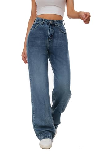 Women High Waist Wide Leg Jeans Boyfriends Stretch Long Trousers Denim Pants Classic Blue