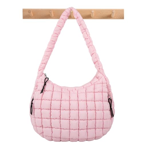 Quilted Puffer Tote Crossbody Shoulder Bag with Zipper Nylon Bubble Hobo Travel Top Handle Handbag for Women Oversized Padding Quilted Bag Soft Large Carryall (Pink)