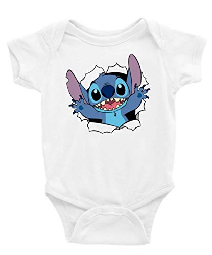 Image of Stitch Breaks Through a Wall Unisex Baby Onesie Short Sleeves (0-3) White
