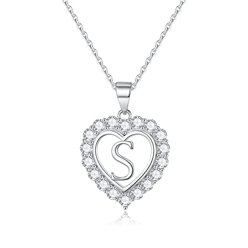 Initial Heart Necklaces for Women, S925 Sterling Silver Initial Necklace Womens Jewelry Mothers Day Gifts Girls Valentines Gifts for Her Christmas Birthday Gifts for Women
