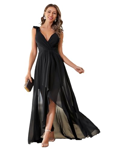 Women's Elegant V Neck Pleat Sleeveless Chiffon Ruffled Straps High-Low Hem Party Maxi Formal Dress