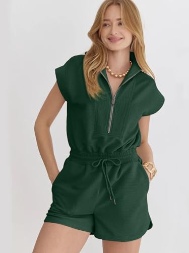 Image of Rompers for Women Summer Short Sleeve Half Zip Lapel Collar Jumpsuit Casual Drawstring One Piece Outfits with Pockets