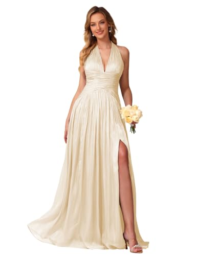 Image of Shimmer Chiffon Bridesmaid Dresses for Women Long | Deep V Neck,Pleated,Knotted,Empire Waist,with Slit,Breathable,Lightweight,Flowy,Formal Evening Dress