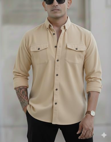 Virast Fashion Men's Black Casual Shirt, Long Sleeve Beige - Image 4