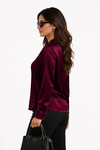 Image of Cuban Collar Cuffed Sleeves Formal Satin Shirt Style Top