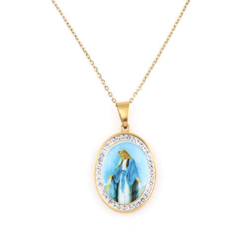 Miraculous Medal, Religious Gifts for Women, Golden Stainless Steel Necklace Inlaid Zircon Pendant, Fashion Religious Jewelry, Gifts for Women