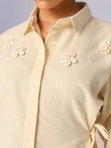 Image of The Souled Store Seashell Women Full Length Spread Collar Off White Embroidered Cotton Linen Blend Regular Fit Breathable Side Tie-Up Lightweight Everyday Shirt for Casual Wear