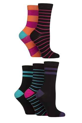 SockShop Ladies Soft Bamboo Socks - Womens, Breathable, Cooling, Plain, Patterned & Striped in a 5 Pair Multipack Size 4-8 Stripe Bright