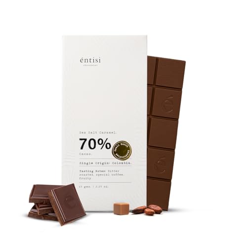 Image of Entisi Dark Chocolate Bar - Chocolates In Fresh, 70% Cocoa, Single-Origin Colombian Chocolate With Sea Salt Caramel, Rich In Antioxidants, With Crunchy Texture, Premium Snack or Gift Option,65 G