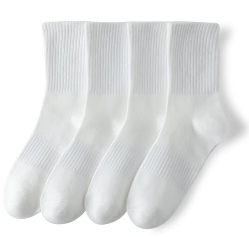 YUWELL Womens Striped Crew Socks Cotton Cozy Casual Socks for Women 4 Pairs Size 5-10 Pure White