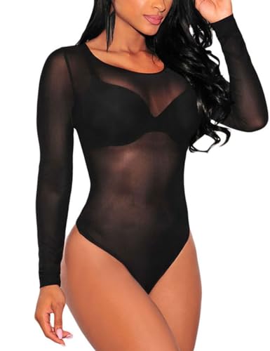 SEBOWEL Women Long Sleeves Mesh See Through Jumpsuit Bodysuit Top...