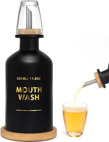 Dispenser per collutorio per bagno, 334,5 g, bottiglia in vetro con tazza e vassoio in bambù, scritta dorata stampata a caldo, base in silicone, accessorio da bagno moderno (nero)