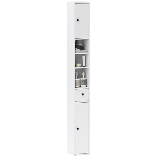 HOMCOM Colonna Bagno Salvaspazio con 3 Ripiani Aperti, 2 Armadietti e Cassetto, Mobile Bagno in Legno con Ripiani Regolabili a 8 Livelli, 20x20x178 cm, Bianco