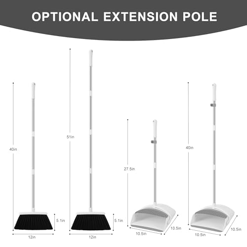 Image of Broom and Dustpan Set, 52 inch Adjustable Handle Broom, White | Dustpan Self-Cleaning Teeth for Hair, 52 inch Long Handle Standing dustpan,Suitable for Home Kitchen Office Hall Floor