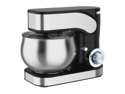 DMS® Küchenmaschine, 1600 Watt, 6,5L Edelstahlschüssel, 6 Geschwindigkeiten, Knethaken, Rührbesen, Schneebesen, Spritzschutz, Teig-/Rührmaschine, Knetmaschine, leistungsstark, KM-1600 (Schwarz)