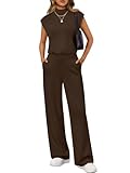 LILLUSORY Jumpsuits for Women Dressy Summer Jumpsuit 2026 Cap Sleeve Tops High Waist Wide Leg Pant Sets with Pockets BlackBrown M