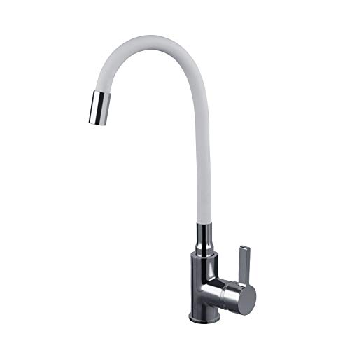 ZXC Niederdruck Küchen Armatur mit flexiblen und schwenkbaren Auslauf in Weiß, moderner Einhandmischer Wasserhahn komplett verchromt