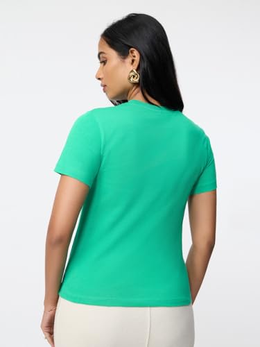 Image of The Souled Store Casual Classics: Women and Girls Short Sleeves Spread Collar Solid Cotton Regular Fit Breathable Lightweight Trendy Everyday T-Shirt