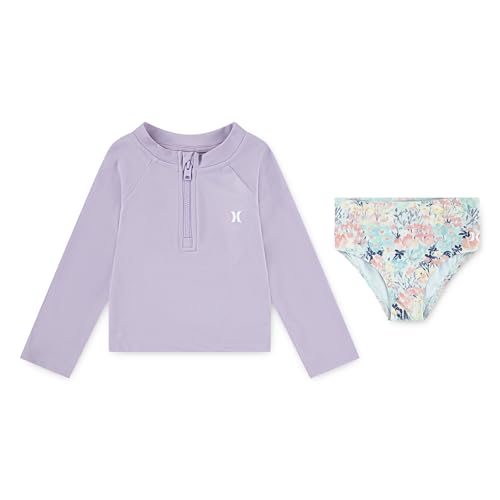 Image of Hurley Baby and Toddler Girls' Long Sleeve Rash Guard Swim Suit 2-Piece Outfit Set