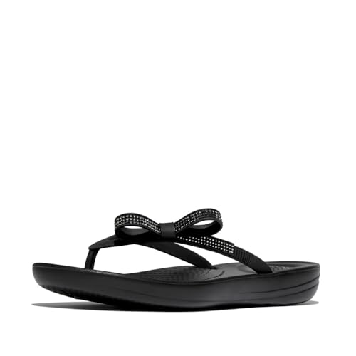 Fitflop Iqushion Womens Glitter Bow Flip Flops black 7 US