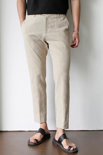 Image of GINGTTO Linen Pants Men Slim Fit Elastic Waistband Lightweight Summer Beach Fashion Casual Pant