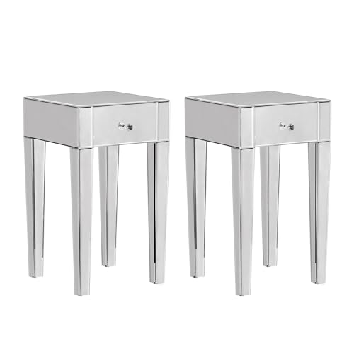 Sossiyule – Juego de 2 mesitas de noche con espejo, mesa de noche, mueble de almacenamiento con 1 cajón para dormitorio, sala de estar, oficina, 40 x 40 x 65 cm