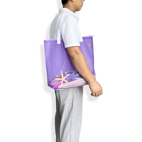Image of Resuable 4Pack Shopping Mesh Tote Bags,Mesh Beach Bags With Drawsting For Kid's Toys,Travel,Picnic Or Laundry (white handle)