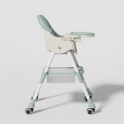 Image of Mealtime Plus Baby High Chair for Feeding, Adjustable Height, Double Food Tray, Seat Cushion, Storage Bag & Lockable Wheels, Foldable Feeding Chair for Babies & Toddlers, Teal
