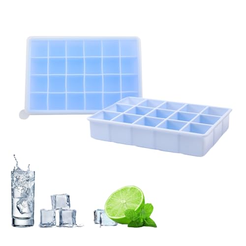 2 Pezzi stampo ghiaccio silicone,stampo cubetti ghiaccio,stampi ghiaccio silicone con coperchio,contenitore ghiaccio,per whisky e bevande refrigerate (15 scomparti × 1 + 24 scomparti × 1) blu