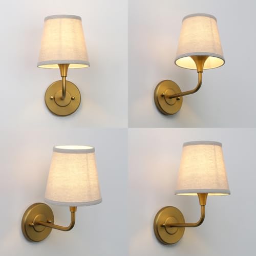 Image of Phansthy Hardwired Brass Boho Wall Sconces Set of 2, Vintage Industrial Wall Lamps, Vanity Sconces Wall Lighting with Natural Fabric Shade for Bathroom Bedroom Living Room (Antique + Linen Shade)