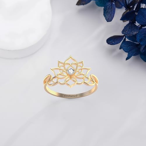 GEHN 10K/14K Real Gold Customized Lotus Ring 10K/14K Solid Gold Birthstone Rings Personalized Name Ring Engagement Wedding Promise Rings Jewelry Gifts for Women2