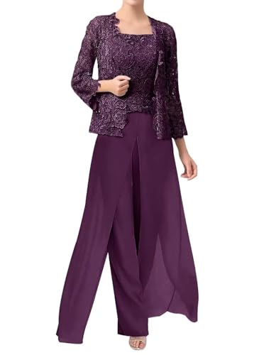 3 Piece Lace Chiffon Ruffles Zipper Formal Mother of The Bride Pantsuits with Hollow Applique Jackets for Women