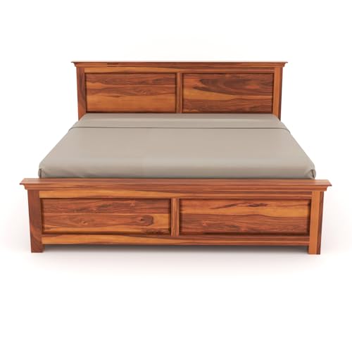 Image of Sheesham Wood King Size Bed with Storage Box | Wooden Box Bed King Size Double Cot Bed with Storage for Bedroom | Premium 2 Dalla Design Headboard Bed for Hotel, Home | Honey Finish