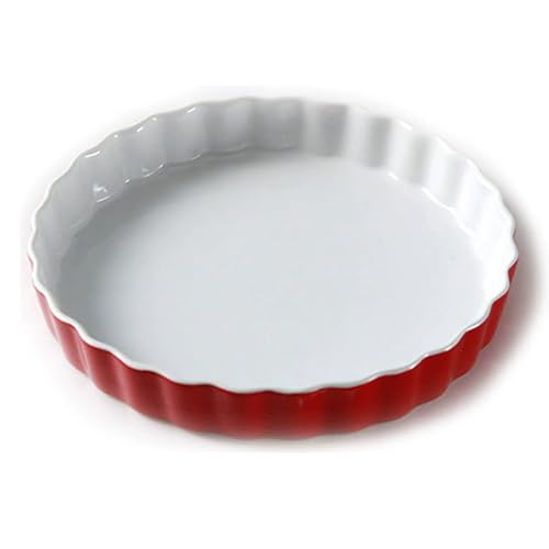 TAMUME Plato hondo de porcelana para hornear y bandeja para pizza, molde redondo de cerámica para tartas y bandeja acanalada para hornear pasteles (25 cm, rojo)
