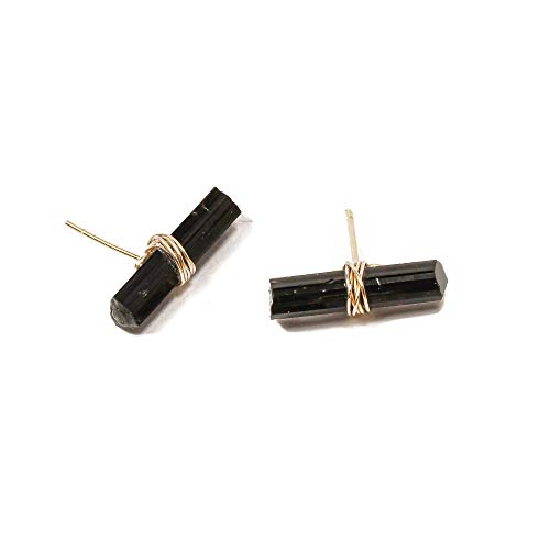 Black Tourmaline T Bar Stud Earrings, Handmade Tourmaline Needle Earrings for Women with Gold Filled Posts and Stunning Natural Black TourmalineCrystals (gold-filled)