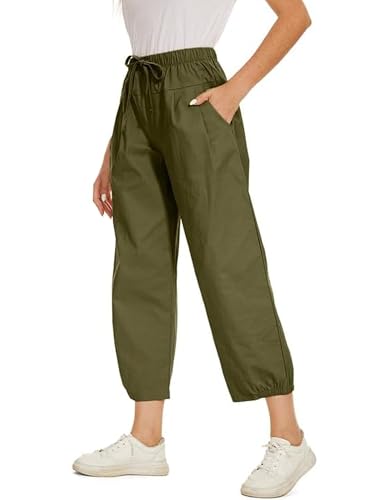 Women's Summer Capri Pants Elastic High Waist Drawstring Wide Leg Cotton Linen Work Pants with Pockets2