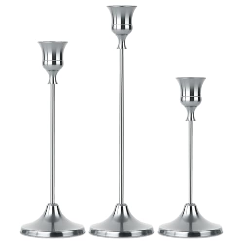 Set of 3 Silver Tapered Candle Holder,Candlestick Tall Metal Candlestick Holders for Table Centerpiece Home Decor for Wedding Fireplace Mantel Housewarming Gift Fits 3/4 Inch Thick Candles Set of 3 Silver Tapered Candle Holder,Candlestick Tall Metal Candlestick Holders for Table Centerpiece Home Decor for Wedding Fireplace Mantel Housewarming Gift Fits 3/4 Inch Thick Candles