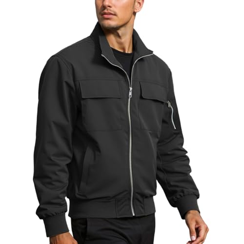Munweiyu Chaqueta cargo para hombre, ligera, fina, con bolsillo en la manga, chaqueta de entretiempo, chaqueta de entretiempo, cuello alto, chaqueta de aviador, primavera y verano, chaquetas bomber