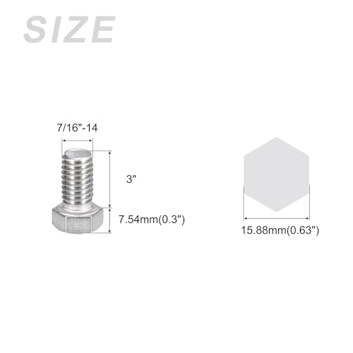 Image of METALLIXITY Hex Head Bolts (7 /16-14 x 3 inch) 5Pcs, 304 Stainless Steel 18-8, Fully Threaded, External Hex Drive, Plain Finish, Hex Head Screw Bolt, Silver