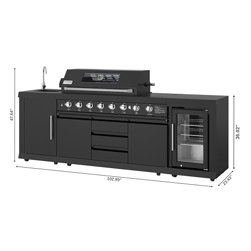 Image of KoolMore Reserve Outdoor Kitchen Island with 6 Burner Grill and a Side Burner, Sink, Storage Cabinet, and Beverage Refrigerator, CSA Listed in Sleek Black