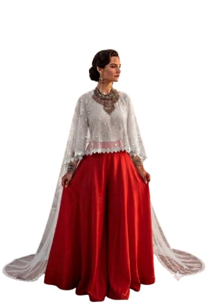 White Mirror Embellished Poncho Soft Net Sheer Cape with Lace Border-image-37