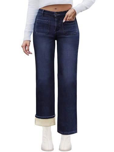 Fleece Lined Jeans Women Straight Leg High Waist Lined Jeans Winter Denim Pants for Women with Patch Pockets