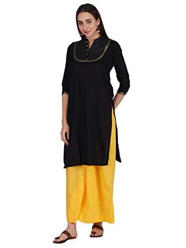 Image of fabcoast Loose Fit Palazzo Pants for Women A-Line Flared Wide Leg Summer Ethnic wear Pure Cotton Cambric with Full Elastic Waistband and 2 Side Pockets
